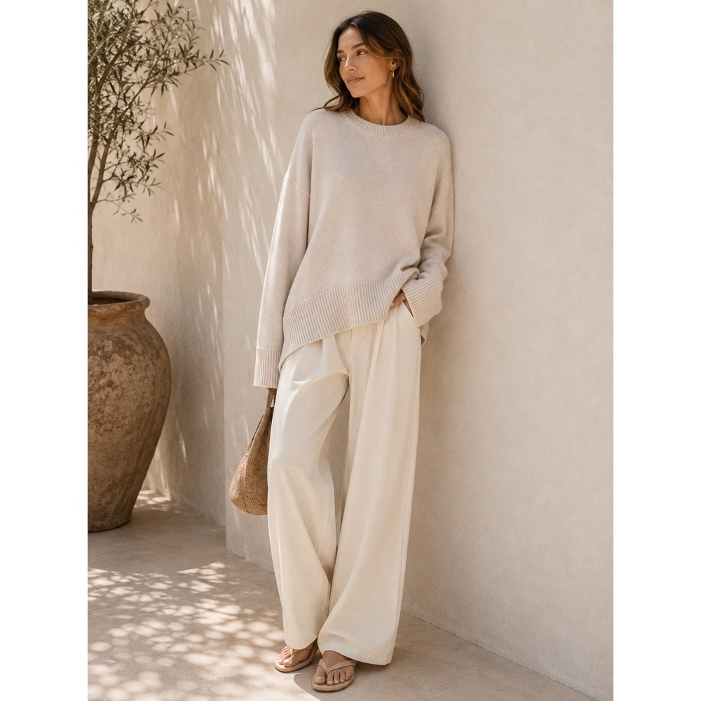 Commense Apricot Oversized Crewneck Sweater Cozy Knit Pullover Womens S